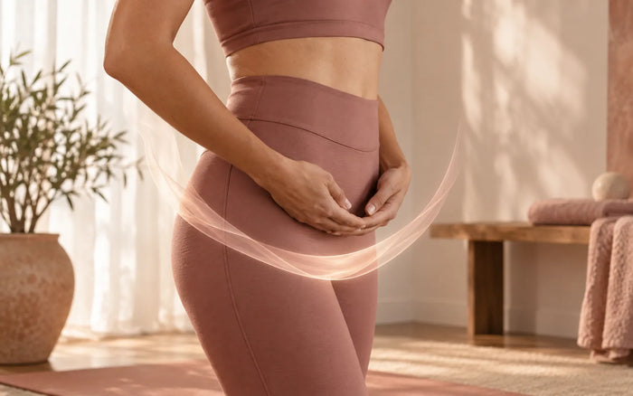 Mulher em roupa desportiva rosa-velho com as mãos sobre o baixo-ventre, numa sala luminosa com plantas