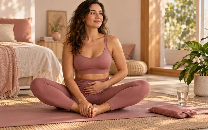 Mulher de top e leggings rosa-velho sentada de pernas cruzadas num tapete de yoga, com a mão sobre a barriga