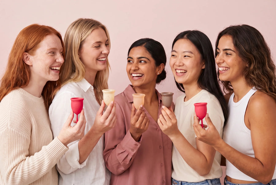 Cinco mulheres com os copos menstruais GIOCUP®