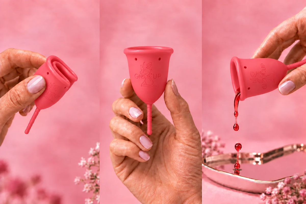 Os três passos com o copo menstrual GIOCUP®: dobrar, colocar e esvaziar