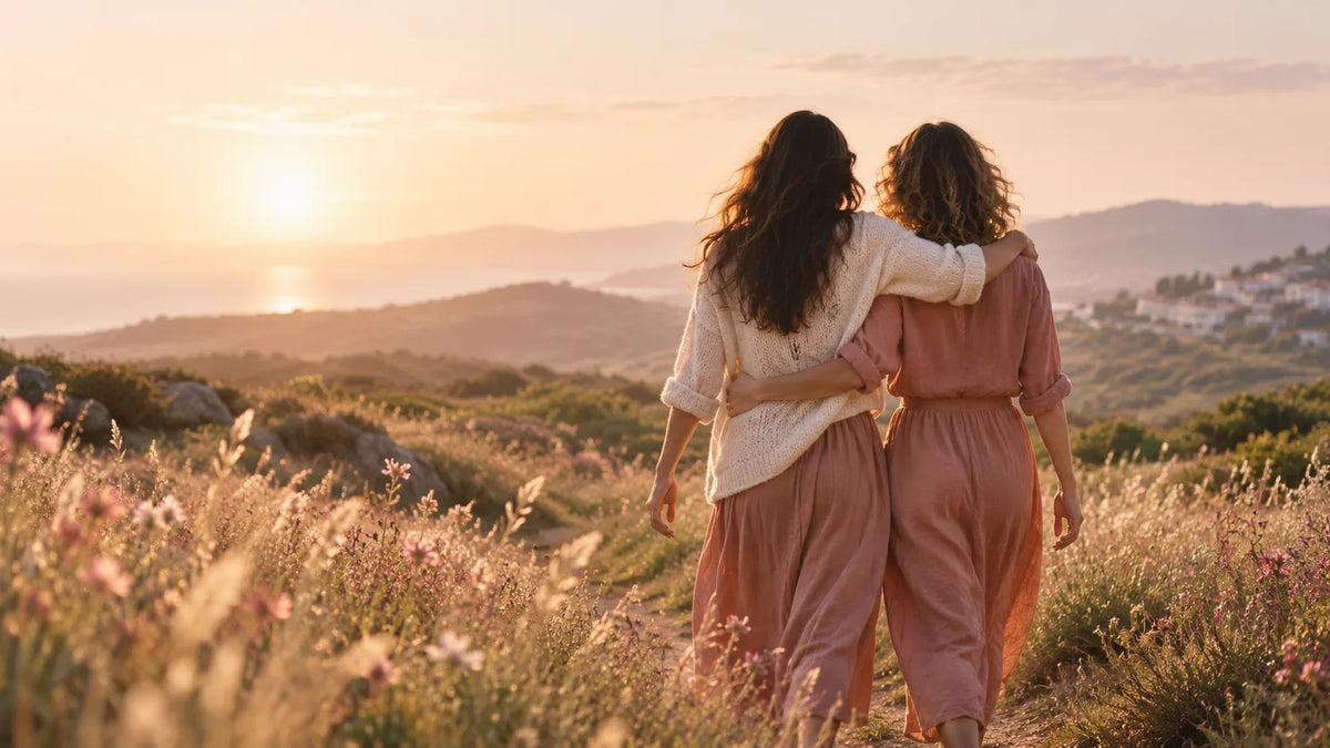 Duas mulheres abraçadas, de costas, num campo com vista para o mar ao fim da tarde