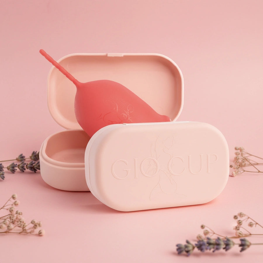 Open GIOCUP® case with the Rose menstrual cup inside