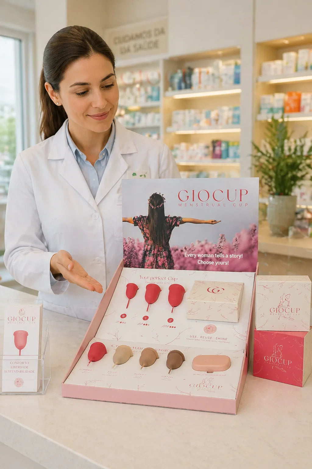 Farmacêutica de bata branca a apresentar um expositor GIOCUP® com copos menstruais e caixas ao balcão da farmácia