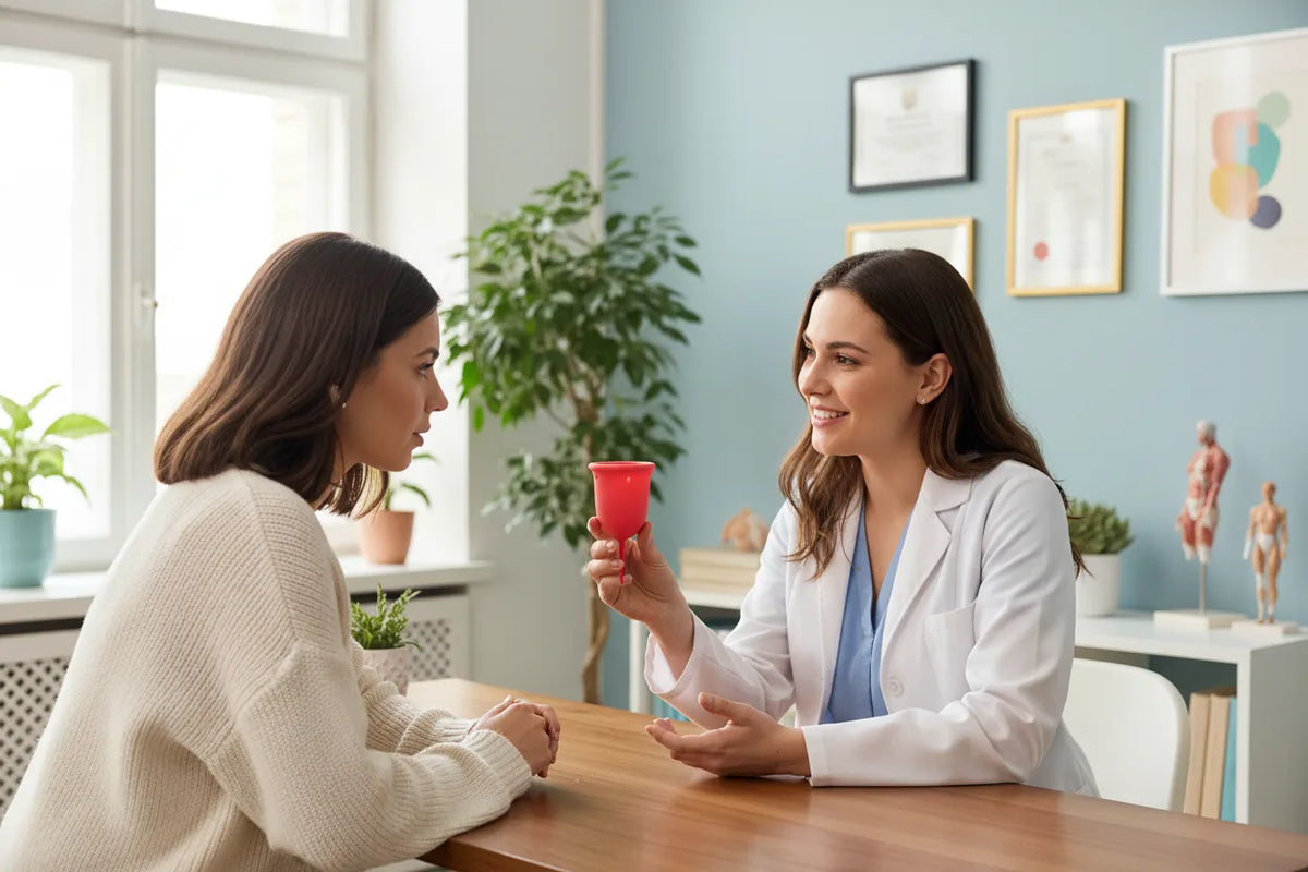 Profissional de saúde de bata branca a mostrar um copo menstrual vermelho a uma utente, no consultório