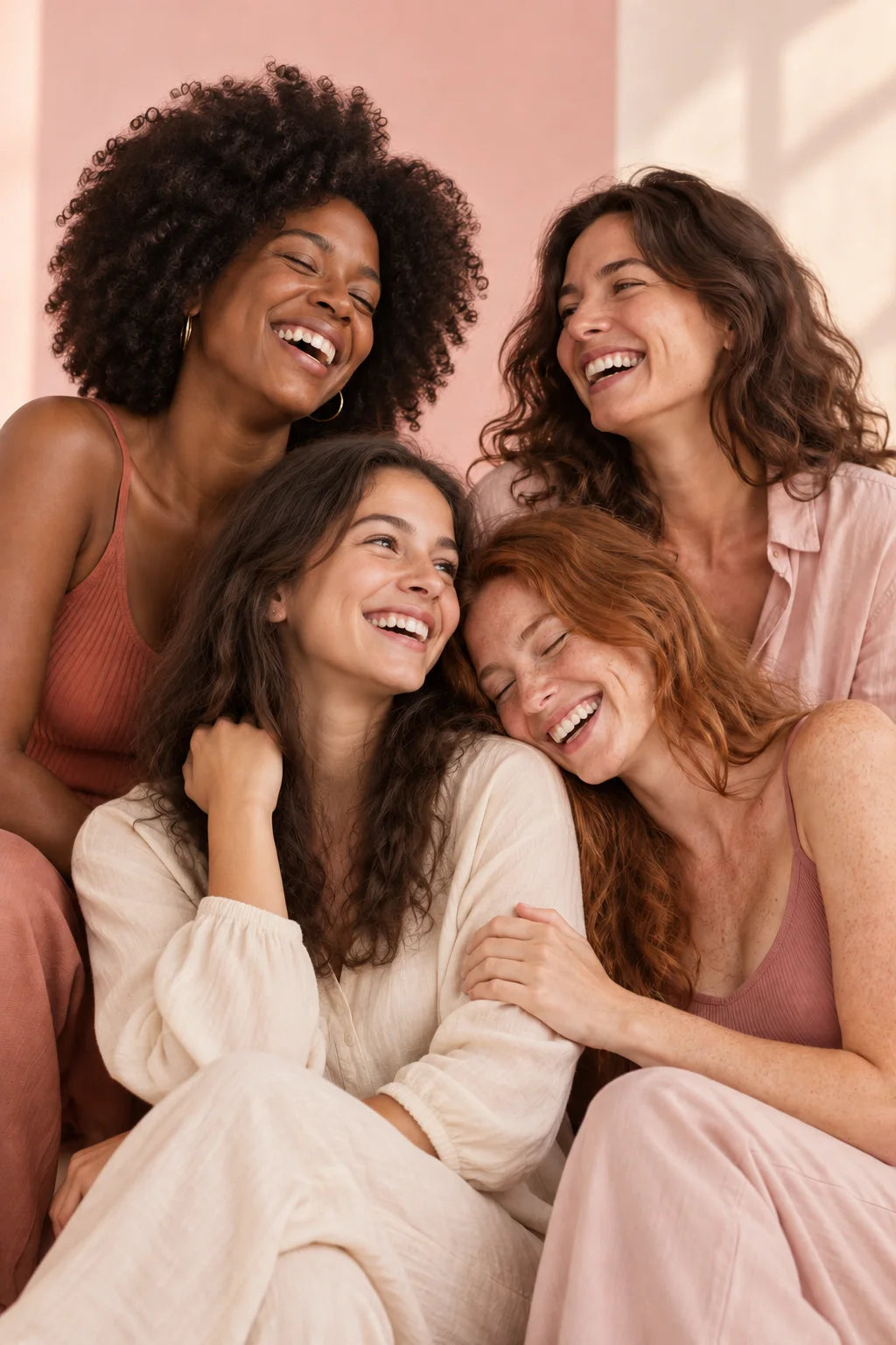 Cuatro mujeres abrazadas, sonriendo