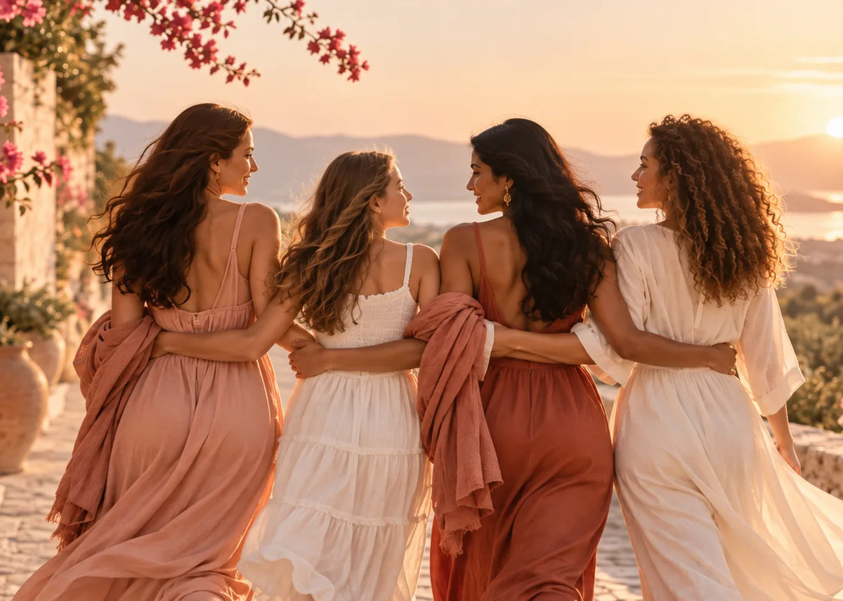 Quatro mulheres abraçadas, de costas, a olhar para o mar ao pôr do sol