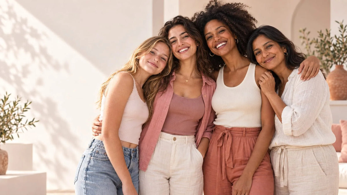 Quatro mulheres abraçadas e sorridentes, de roupa clara, num terraço cheio de luz