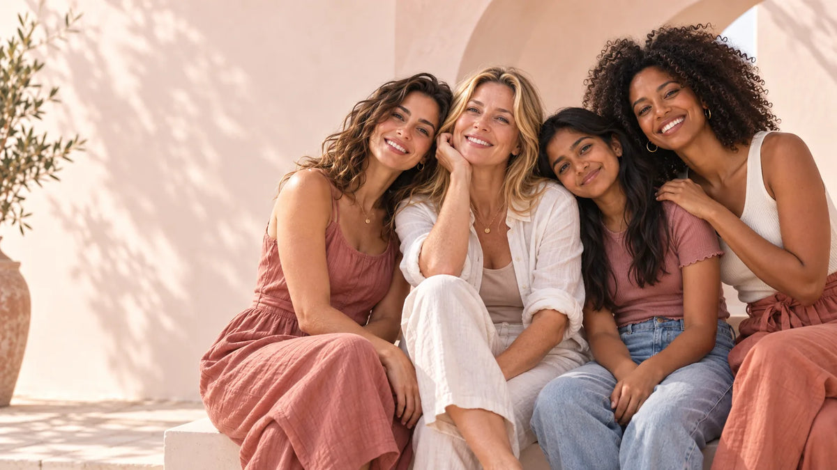 Quatro mulheres de idades e origens diferentes, sentadas juntas, abraçadas e a sorrir